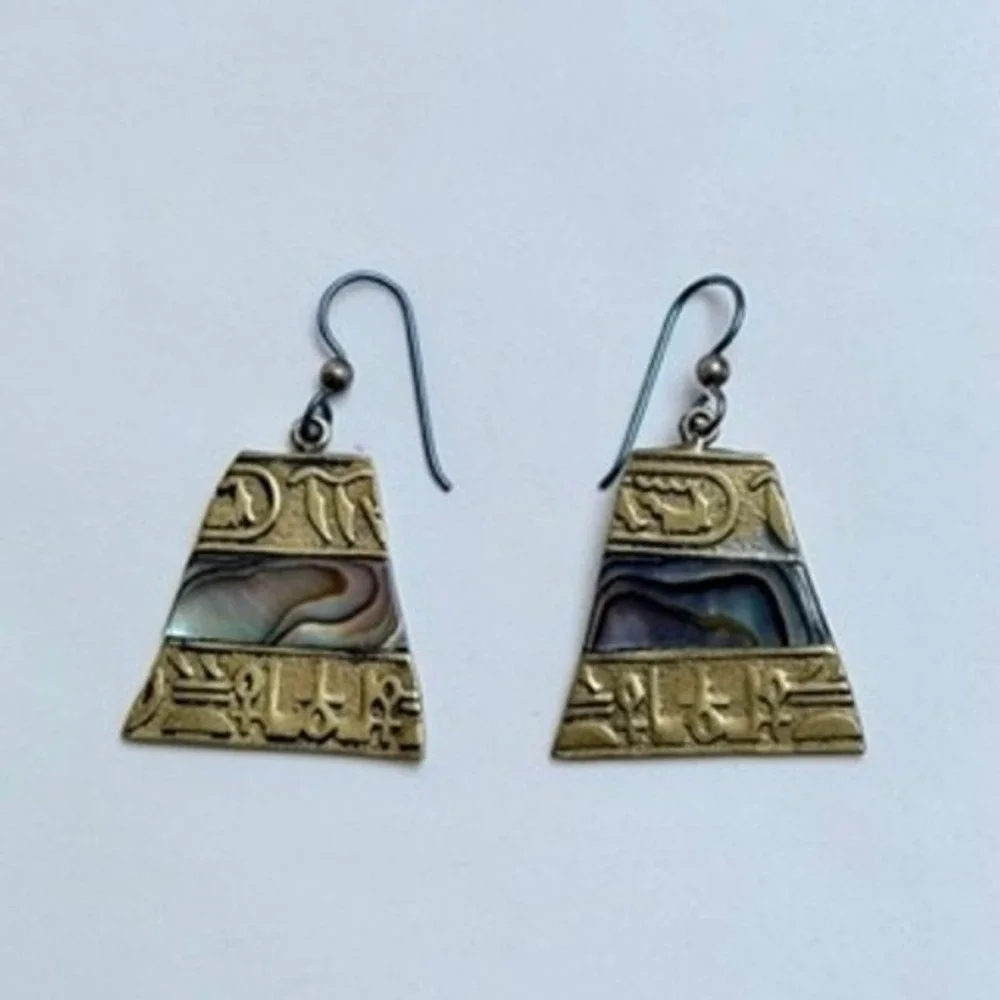 Egyptian Hieroglyphic Abalone Shell Inlay Trapezoid Drop Earrings Gold Tone